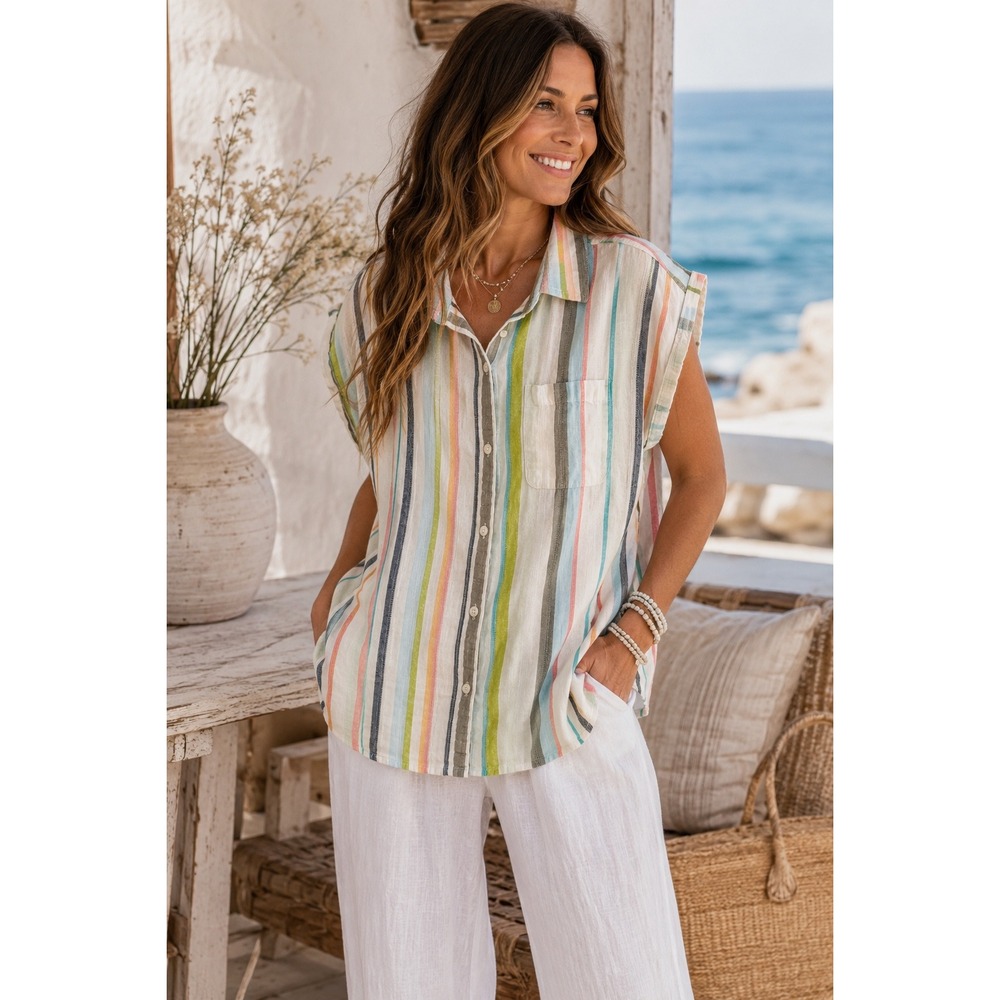 Dash Women Large Striped Linen Button Up Shirt Coastal Boho Beach Vacation Top